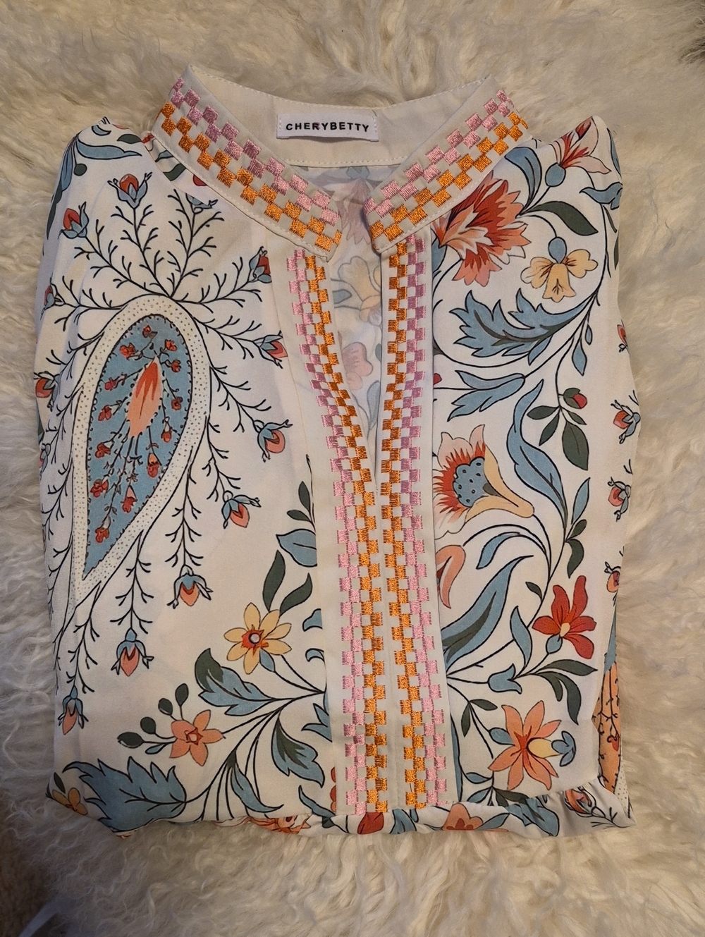 CheryBetty Floral Embroidered Tunic Top in White with Pastel Accents